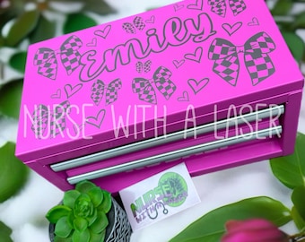 CUSTOM ENGRAVED mini TOOLBOX, Couture bows,  Kobalt Mini Toolbox  personalized laser etched gift