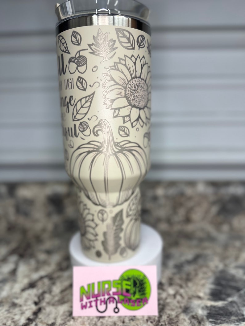 Laser engraved Stanley cup pumpkin mug. Thanksgiving mug. Autumn mug. Fall tumbler designs. Fall tumbler wrap.