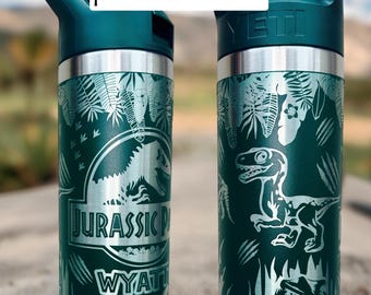 Dinosaur, Jurassic times laser engraved water bottle, personalization option for name