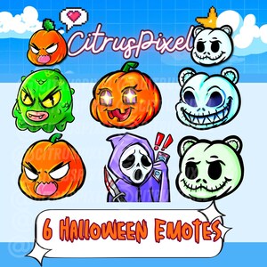 Emotki Twitch, emotki subskrybentów Twitch, emotki dyni, emotki potworów, emotki discord, emotki Halloween, emotki fioletowe, pakiet emotek, emotki chibi,