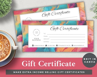 Op de afbeelding: Twee kleurrijke cadeaubon-sjablonen met een aquarel achtergrond. De tekst "Gift Certificate" staat bovenaan elk sjabloon. De tekst "YOUR BUSINESS" staat onderaan het sjabloon. De tekst "EDIT IN CANVA" staat rechtsonder in de afbeelding. De tekst "MAKE EXTRA INCOME SELLING GIFT CERTIFICATES" staat onderaan de afbeelding.