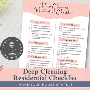 Residential Deep Cleaning Checklist | Instant Download| House Spring Clean | Household Planner Sheet  | Printable Home Cleaning List