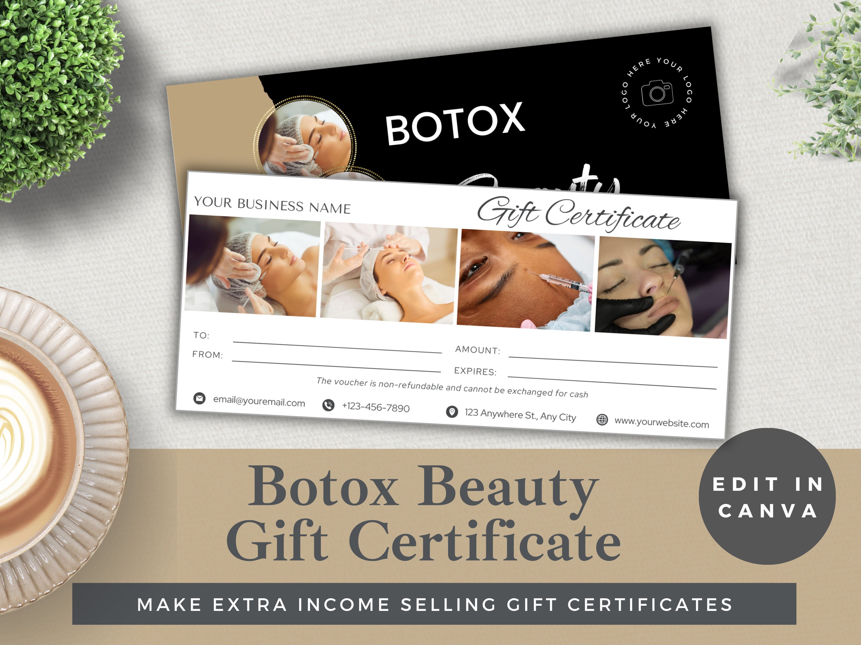 Editable Gift Certificate for Botox Business Canva Template Instant Download Luxury Botox