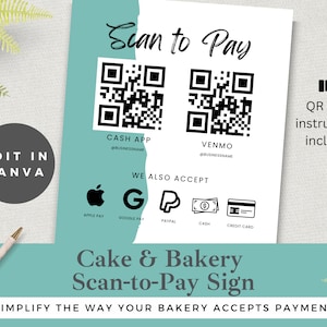 Bearbeitbares Scan-to-Pay Schild für Kuchen und Gebäck | In Canva | bearbeiten Sofortdownload | Luxus Bäckerei Vorlage | Blau & Schwarz | Druckbares Schild