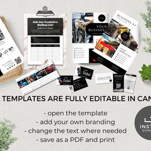 May include: A set of printable templates for a car detailing business. The templates include a sign to pay, a mailing list sign-up sheet, a business card, a loyalty card, and a flyer. The templates are fully editable in Canva and can be saved as a PDF and printed.