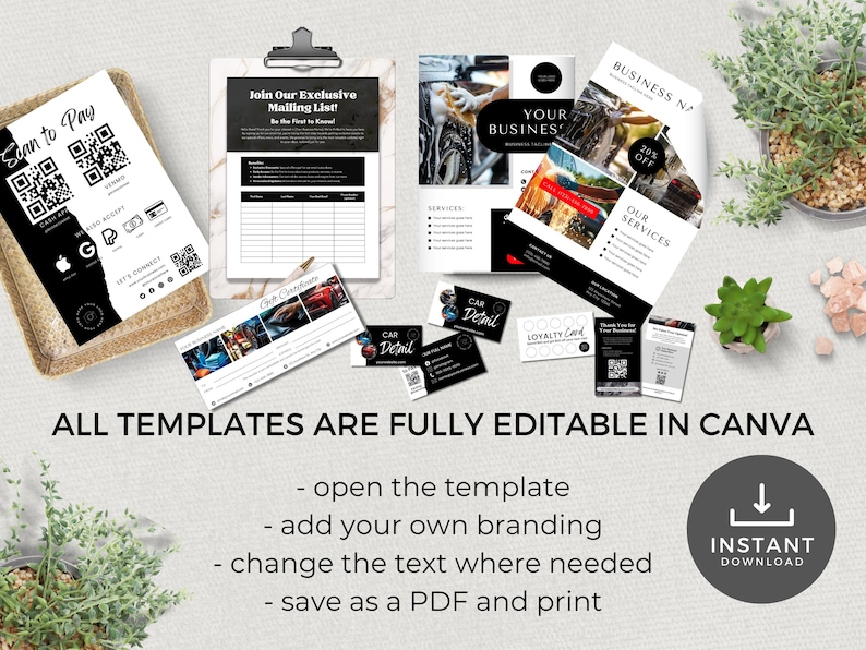 May include: A set of printable templates for a car detailing business. The templates include a sign to pay, a mailing list sign-up sheet, a business card, a loyalty card, and a flyer. The templates are fully editable in Canva and can be saved as a PDF and printed.
