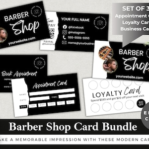 Barber Shop Card Template Bundle | Edit in Canva | Instant Download | Business, Loyalty and Appointment Cards | Black & White Design