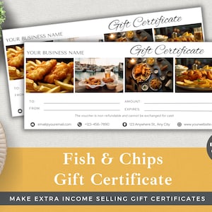 Bewerkbare cadeaubon Fish and Chips Store | Sjabloon bewerken in Canva | Direct downloaden | Klantenvoucher voor kleine bedrijven | Vis & Chips
