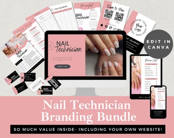 May include: A branding bundle for nail technicians, featuring a computer screen with a website mockup, business cards, price lists, and a scan to pay QR code. The bundle is designed to be edited in Canva.