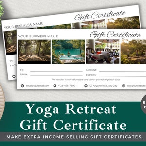 Bewerkbare cadeaubon Yoga Retreat | Sjabloon bewerken in Canva | Direct downloaden | Luxe klantenvoucher voor kleine bedrijven | Yoga-uitje
