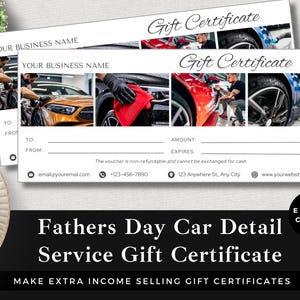 Certificado de regalo editable para el Día del Padre para el cuidado del automóvil / Vale para spa de autos / Descarga instantánea / Promoción para pequeñas empresas / Plantilla Canva