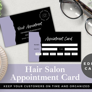 Modello modificabile per biglietto per appuntamento per parrucchiere/Carta promemoria per il cliente del salone/Modifica in Canva/Download istantaneo/Design viola e nero