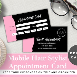 Mobile Hair Stylist Appointment Card Template Editable | Edit in Canva | Instant Download | Mobile Hair Stylist Reminder | Black and Pink