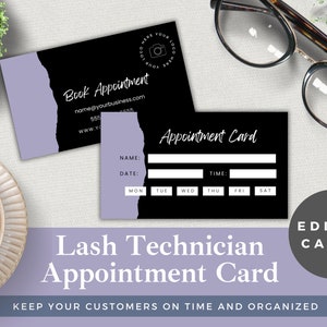 Appointment Card for Lash Technician | Editable Template | Edit in Canva | Instant Download | Lash Tech Customer Reminder | Purple & White