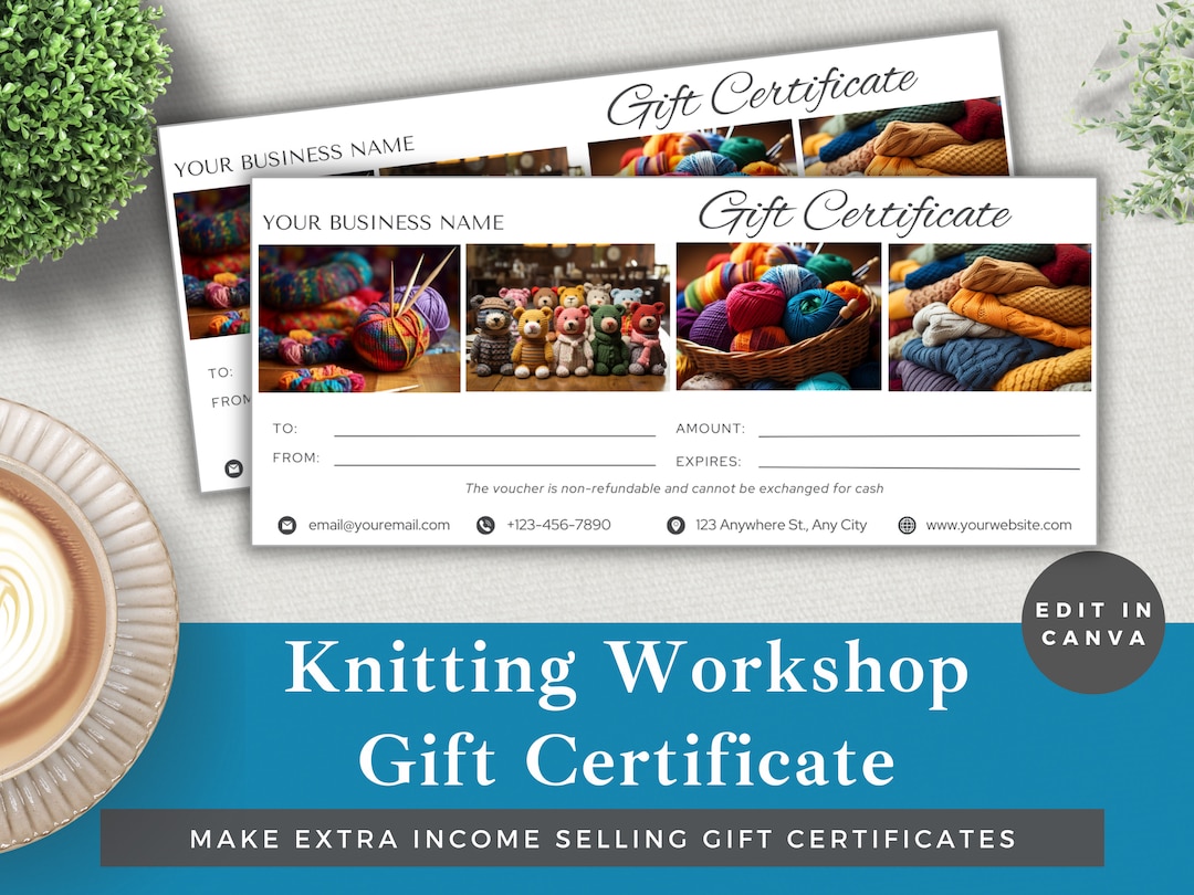 Editable Gift Certificate Knitting Edit Template in Canva