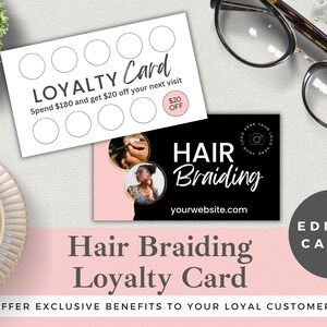 Hair Braiding Loyalty Card Template Editable | Instant Download | Edit in Canva | Braiding Salon Customer Rewards Card | Blush Pink & White