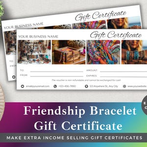 Certificado de regalo de pulsera de la amistad editable / Plantilla Canva para pequeñas empresas / Diseño de vale de joyería de descarga instantánea