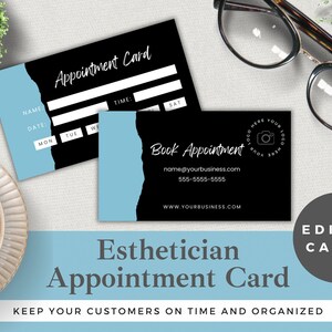 Modelo de cartão de consulta de esteticista editável | Editar no Canva | Download instantâneo | Lembrete do cliente do salão de cuidados com a pele | Branco azulado