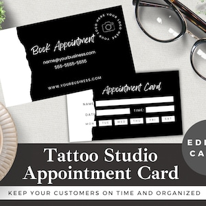Modello di biglietto per appuntamento per Tattoo Studio modificabile / Modifica in Canva / Download istantaneo / Promemoria cliente negozio di tatuaggi / Design in bianco nero