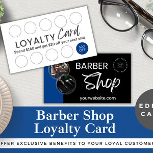 Modelo de cartão de fidelidade para barbearia editável | Download instantâneo | Editar no Canva | Cartão de recompensas do cliente da barbearia | Design Preto e Azul
