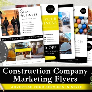 Pacote de folhetos de construção | Modelo de marketing para empreiteiros | Folheto comercial editável | Download instantâneo do Canva | Publicidade para empreiteiros gerais