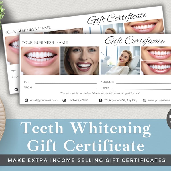 Editable Gift Certificate Teeth Whitening | Edit Template in Canva | Instant Download | Luxury Small Business Customer Voucher | White Teeth