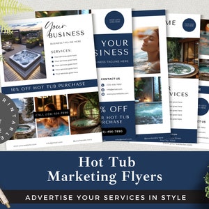 Puede incluir: Folletos de marketing imprimibles para empresas de jacuzzi. Los folletos presentan imágenes de jacuzzis, personas relajándose en jacuzzis y texto que dice "Su negocio" y "10% de descuento en la compra de un jacuzzi".