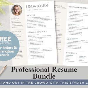Plantilla de currículum moderno y ejemplos de cartas de presentación, además de un conjunto EXTRA de tarjetas de afirmación para solicitantes de empleo con consejos para entrevistas y descarga instantánea.