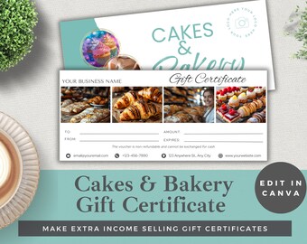 May include: A light blue and white gift certificate template for Cakes & Bakery. The template features a photo collage of pastries and a woman smiling. The text "Cakes & Bakery Gift Certificate" is displayed in a large font at the bottom of the template. The text "Edit in Canva" is displayed in a gray circle at the bottom right corner of the template.