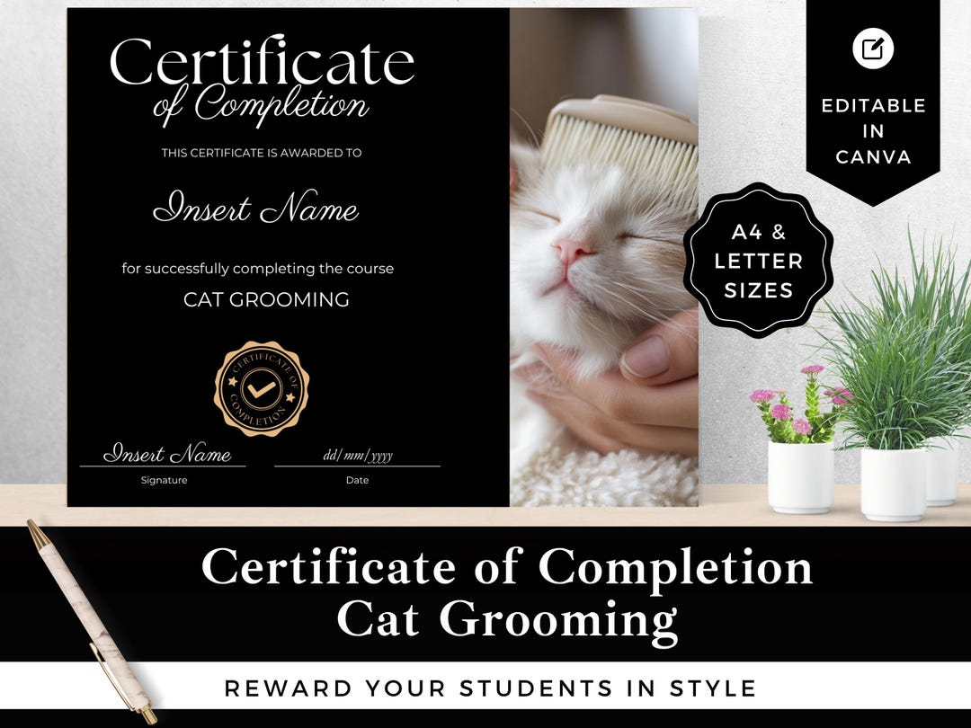 Editable Cat Grooming Certificate Template: Pet Salon Training (canva ...