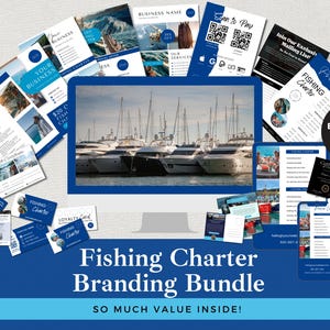 Pacote de identidade visual para negócios de fretamento de pesca editável | Modelos Canva | Vale-presente, folhetos, listas de preços e muito mais | Download instantâneo
