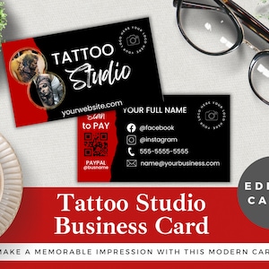 Tattoo Studio Visitenkarte Vorlage: Rot-Weiß-Design (In Canva bearbeiten)
