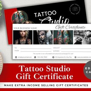 Editable Gift Certificate for Tattoo Studio | Canva Template | Instant Download | Luxury Tattoo Shop Customer Gift Voucher | Red & Black