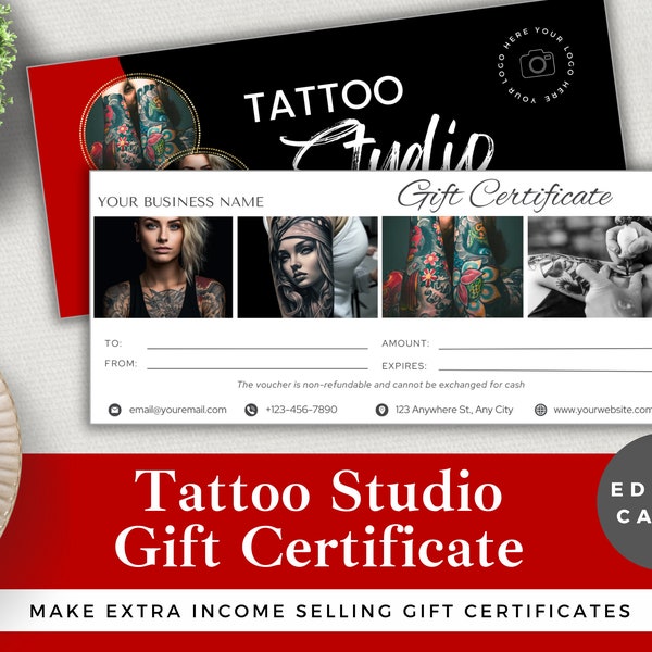 Editable Gift Certificate for Tattoo Studio | Canva Template | Instant Download | Luxury Tattoo Shop Customer Gift Voucher | Red & Black