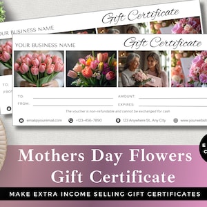 Certificado de regalo de flores para el Día de la Madre editable / Plantilla Canva / Descarga instantánea / Tarjeta de regalo con ramo de flores / Vale personalizable para mamá