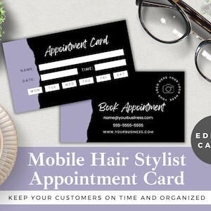 Mobile Hair Stylist Appointment Card Template Editable | Edit in Canva | Instant Download | Mobile Hair Stylist Reminder | Black and Purple