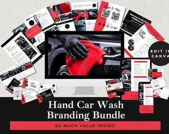 May include: A branding bundle for a hand car wash business. The bundle includes a variety of marketing materials, such as business cards, flyers, and social media graphics. The materials are designed in a black and red color scheme with a modern and professional look. The text "Hand Car Wash Branding Bundle" and "SO MUCH VALUE INSIDE!" is displayed in large, bold letters.