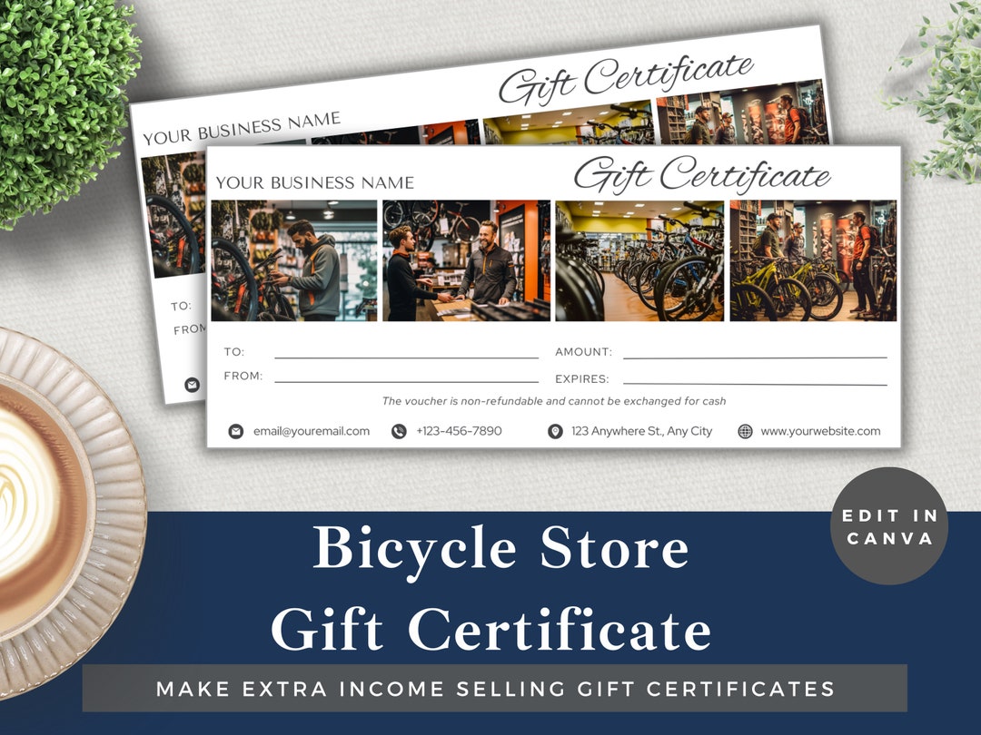 Editable Gift Certificate Bicycle Store Edit Template in Canva Instant