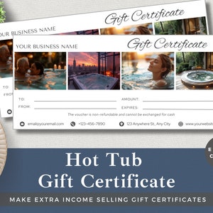 Hot Tub bewerkbare cadeaubon | Sjabloon bewerken in Canva | Direct downloaden | Klantenvoucher voor kleine bedrijven | Luxe bubbelbadbedrijf