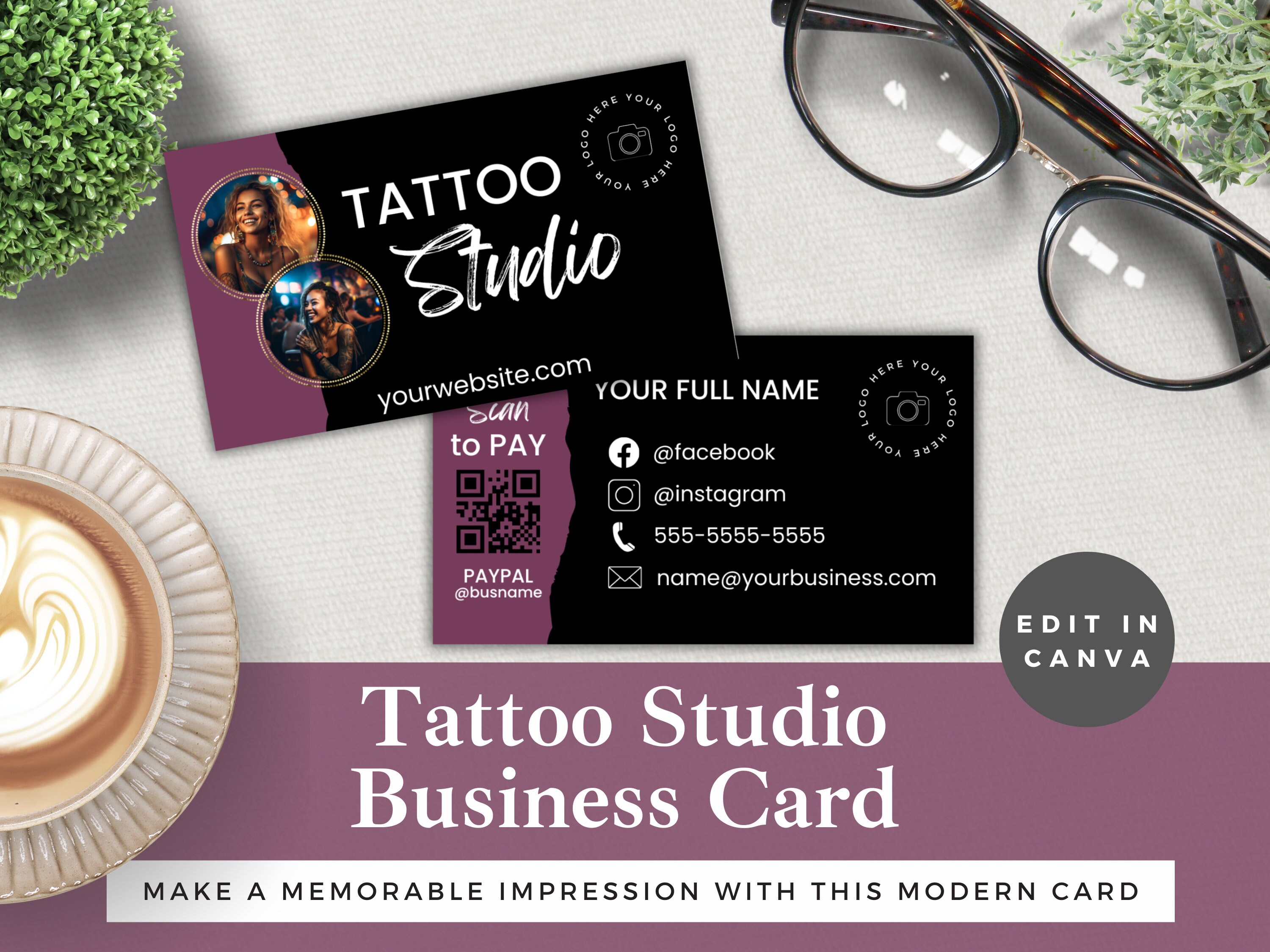 Tattoo Studio Business Card Template Editable | Edit in Canva | Instant Download | Luxury Tattoo Artist Shop Card | Purple & Black Design