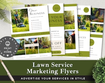 May include: Four printable lawn service flyers with a green and white color scheme. The flyers feature a lawnmower, a person mowing a lawn, and the text "Your Business" and "10% off your first lawn service".