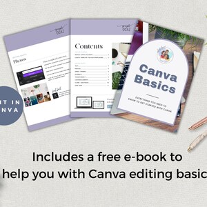 Peut inclure: Un guide num&eacute;rique violet et blanc intitul&eacute; "Canva Basics" avec le texte "Tout ce dont vous avez besoin pour commencer avec Canva". Le guide comprend un e-book gratuit pour vous aider avec les bases de l'&eacute;dition Canva.