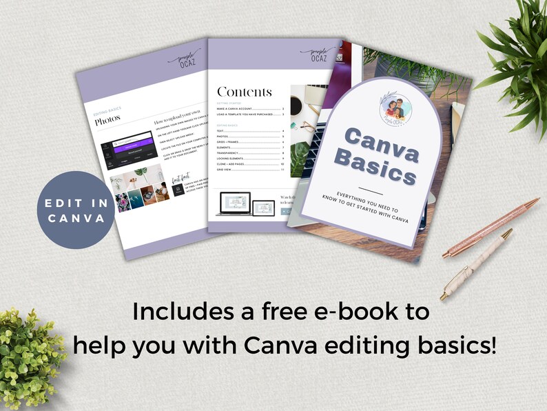 Peut inclure: Un guide num&eacute;rique violet et blanc intitul&eacute; "Canva Basics" avec le texte "Tout ce dont vous avez besoin pour commencer avec Canva". Le guide comprend un e-book gratuit pour vous aider avec les bases de l'&eacute;dition Canva.