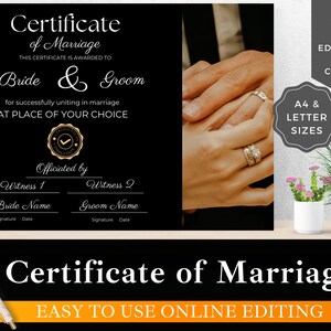 Anpassbare Vorlage für eine Heiratsurkunde – Bearbeitbar in Canva | Sofortiger Download | Perfekt für Hochzeitsoffiziere und Paare