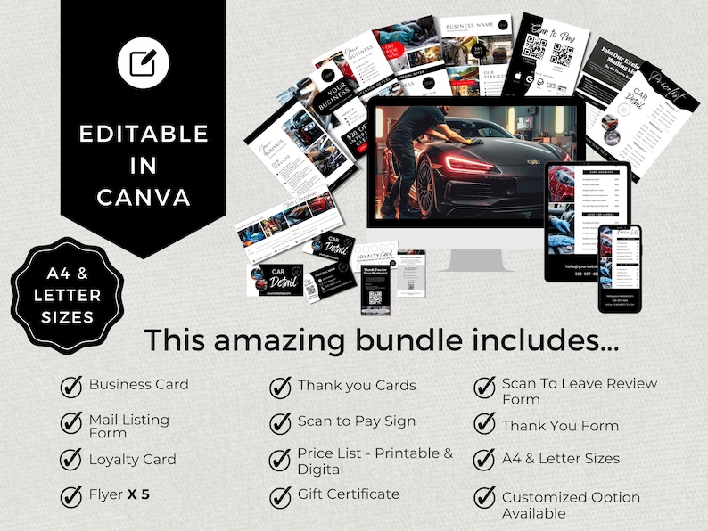May include: A digital marketing bundle for car detailing businesses. The bundle includes a business card, mail listing form, loyalty card, flyers, thank you cards, scan to pay sign, price list, gift certificate, scan to leave review form, and thank you form. All templates are editable in Canva and available in A4 and letter sizes.