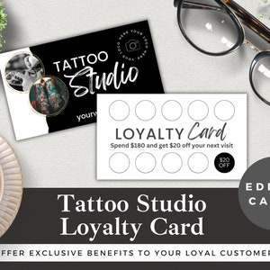 Modèle de carte de fidélité Tattoo Studio modifiable | Modifier dans Canva | Téléchargement instantané | Carte de récompenses pour les clients de la boutique de tatouage | Conception en noir et blanc