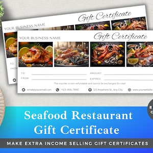 Vale-presente editável para restaurante de frutos do mar | Editar modelo no Canva | Download instantâneo | Vale-presente para clientes de pequenas empresas | Fish Cafe