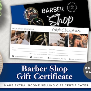 Chèque-cadeau modifiable - Salon de coiffure | Modèle Canva | Téléchargement instantané | Salon de coiffure de luxe | Chèque Cadeau | Conception bleue et noire