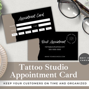 Tattoo Studio Appointment Card Template Editable | Edit in Canva | Instant Download | Tattoo Shop Customer Reminder | Black & Grey Design