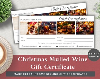 May include: A white gift certificate template with a festive Christmas theme. The template features images of mulled wine and a Christmas tree. The text "Gift Certificate" is written in cursive at the top of the template. The text "Christmas Mulled Wine Gift Certificate" is written in bold at the bottom of the template.